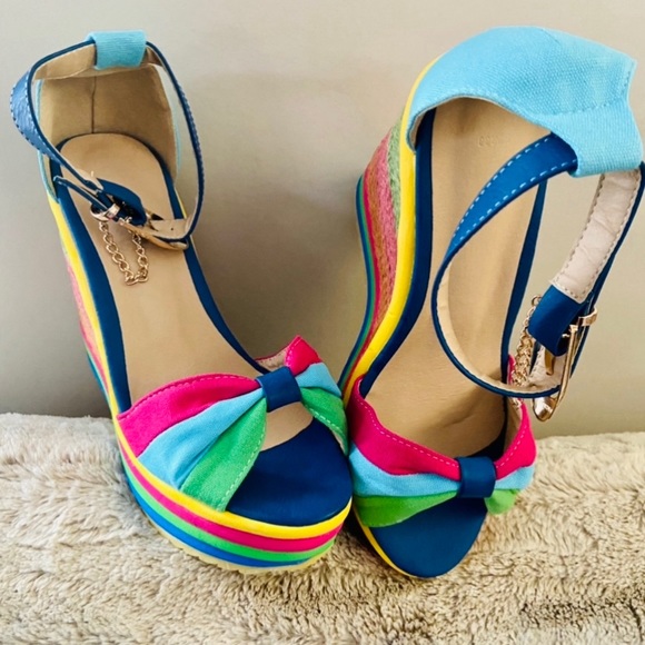 SOLD❌Neon Rainbow 🌈 Peep Toe Platform Espadrille Sandals Size 38/BRAND NEW! - Picture 11 of 13